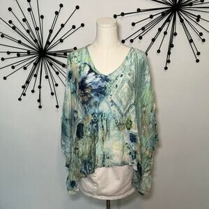 Chico’s blue green abstract print blouse size L/XL